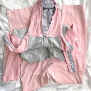 Vintage Y2K Pink Grey Tracksuit Set Zip Up Hoodie Wide Leg Pants Mesh Detail
